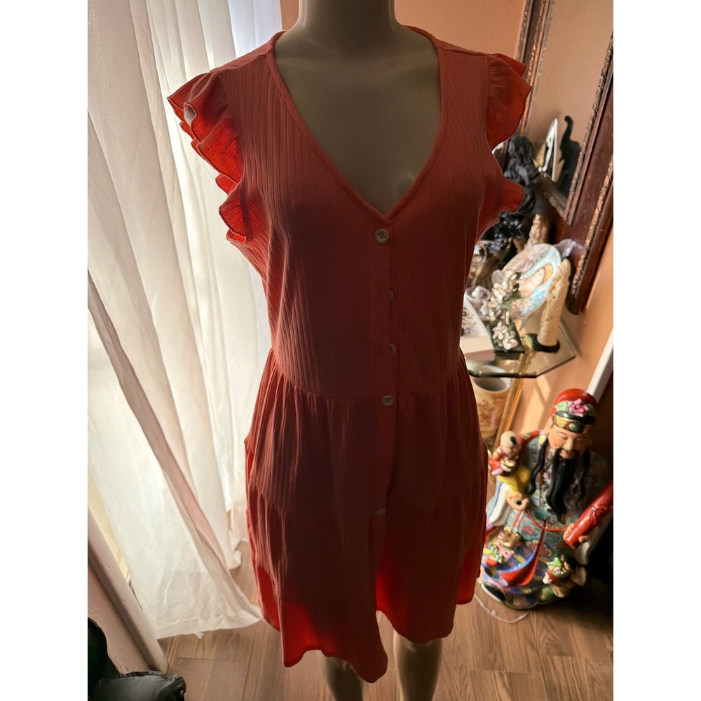 IFFEI Woman Coral Ribbed Tiered Mini Dress V-Neck Ruffle Sleeve Size M NWT
